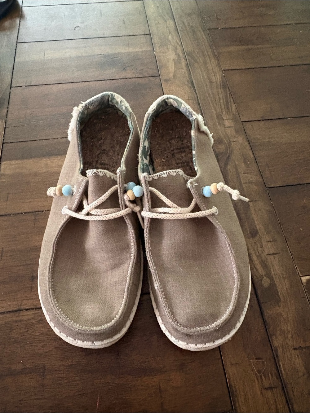 Hey Dude Women's Beige Canvas Moccasins with Pastel Bead Accents